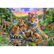 Tranh psd gia đình hổ trong rừng xanh in kính