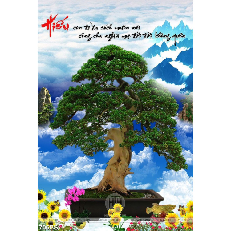Tranh chậu bonsai in uv cây bách tùng bên hoa hướng dương