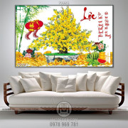 Tranh chậu bonsai in canvas cây mai vàng bên bánh chưng 