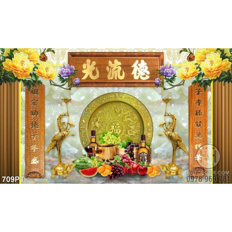 Tranh 3d hạc vàng và hoa mẫu đơn trang trí bàn thờ gia tiên 