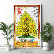 Tranh chậu bonsai trang trí cây mai vàng bên hoa mộc lan