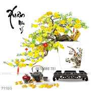 Tranh chậu bonsai cây mai vàng bên ấm trà chiều in 3d