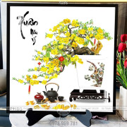 Tranh chậu bonsai cây mai vàng bên ấm trà chiều in 3d