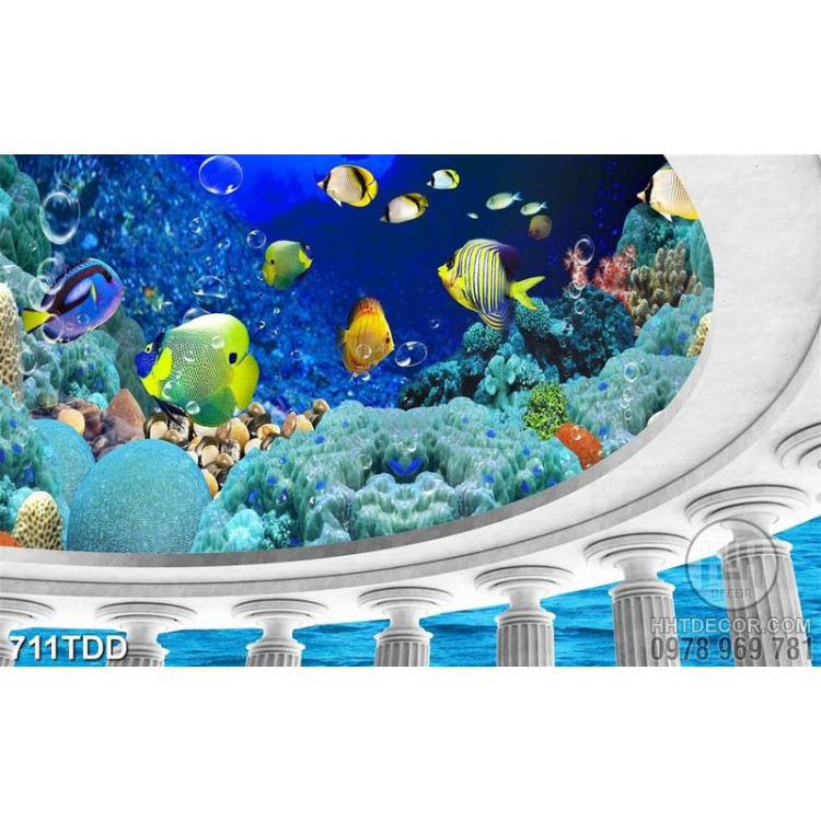 Tranh 3D động san hô và đàn cá dưới nước 