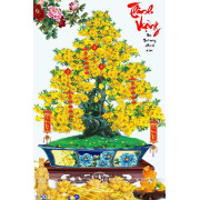 Tranh chậu bonsai treo tường cây mai vàng bên ông tài