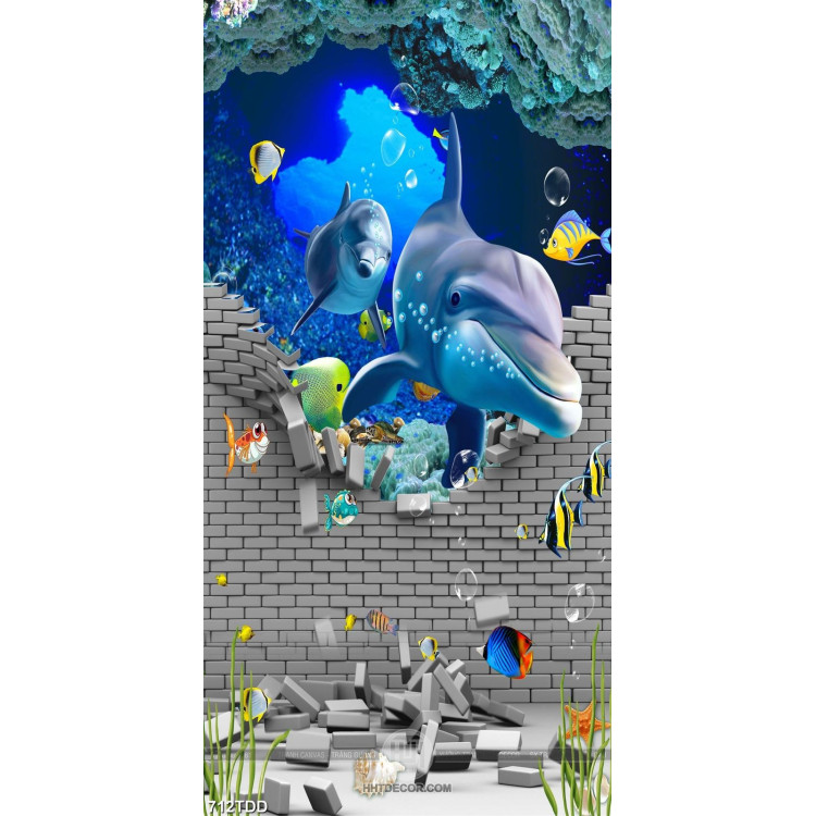 File tranh gốc tường 3D và đôi cá heo trang trí phòng bé đẹp