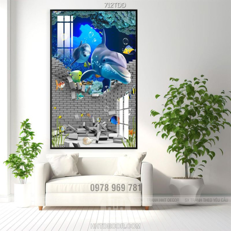 File tranh gốc tường 3D và đôi cá heo trang trí phòng bé đẹp