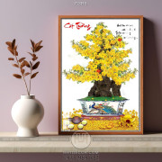 Tranh chậu bonsai tài lộc cây mai vàng bên bình trà nóng