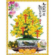 Tranh chậu bonsai in uv cây mai vàng bên cành quất sai quả