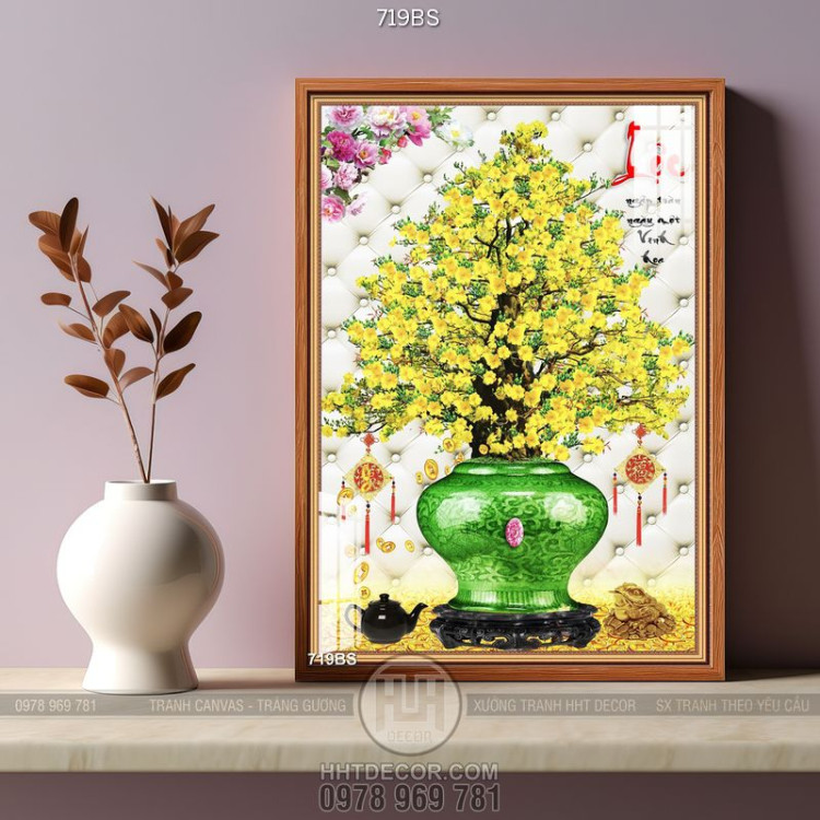 Tranh chậu bonsai cây mai vàng bên cành mẫu đơn in canvas