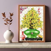 Tranh chậu bonsai trang trí cây mai vàng bên tường cá chép