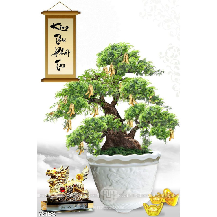 Tranh chậu bonsai cây me sai quả bên tượng lân treo tường