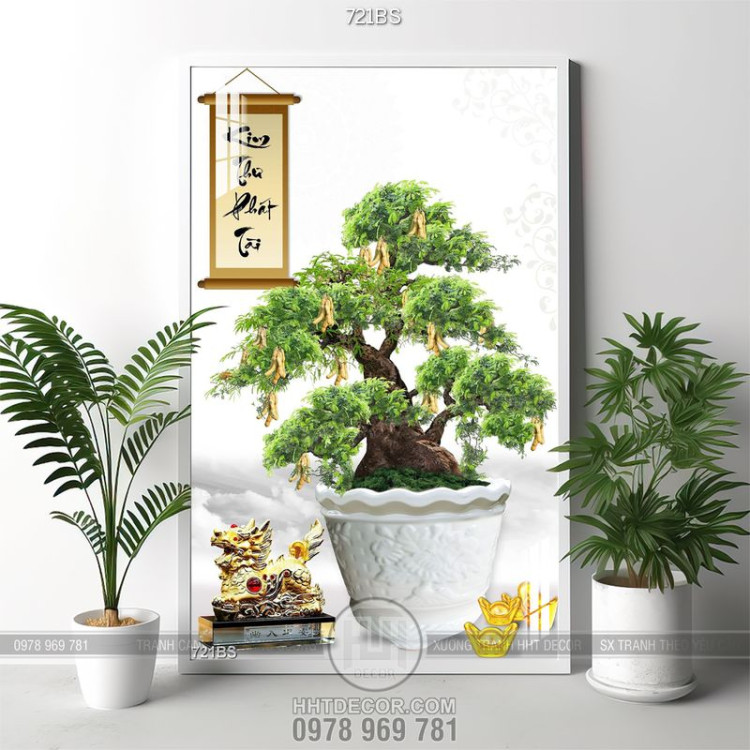 Tranh chậu bonsai cây me sai quả bên tượng lân treo tường