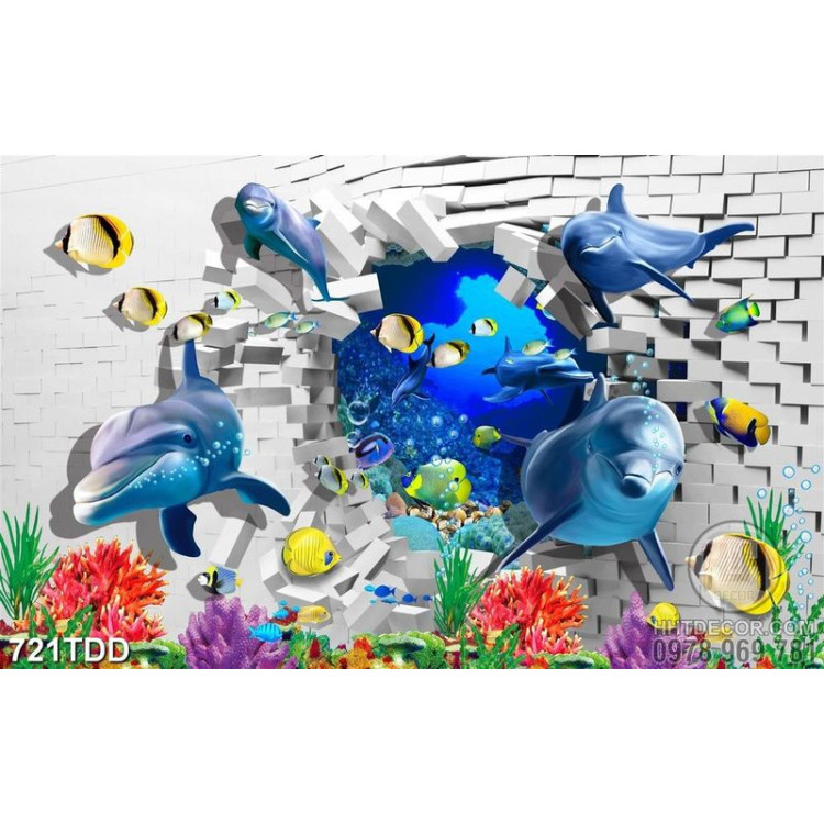 Tranh 3D cá heo và san hô trang trí tường của bé