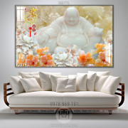 Tranh Phật Di Lặc và hoa giả ngọc trang trí phòng khách 