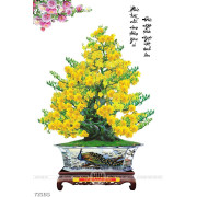 Tranh chậu bonsai phong thủy cây mai vàng và mẫu đơn