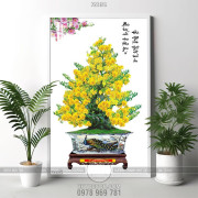 Tranh chậu bonsai phong thủy cây mai vàng và mẫu đơn
