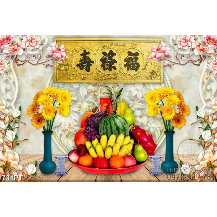 Tranh 3d  hoa cúc và mâm trái cây trang trí bàn thờ  