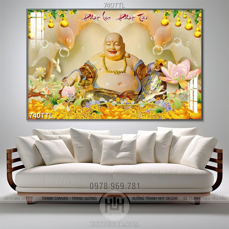 Tranh  Phật Di Lặc và hoa sen trên nền đá giả ngọc 