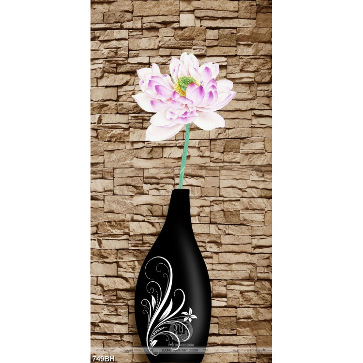 Tranh bình hoa decor bông hoa sen trong chiếc bình màu đen