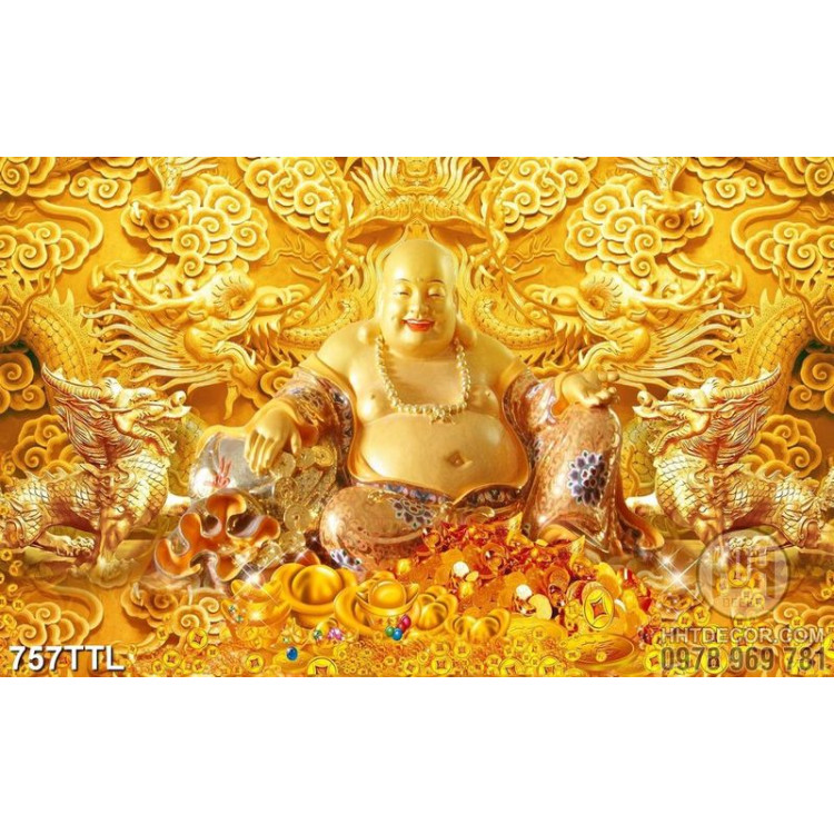 Tranh Phật Di Lặc và song long dáp vàng in kính chất lượng cao 