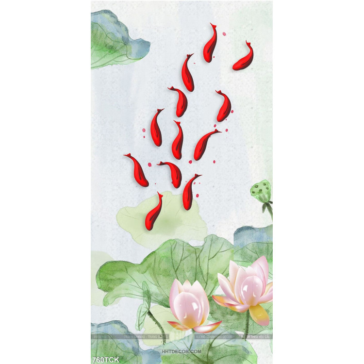 Tranh cá chép phong thủy khổ dọc wall và đóa hoa sen giả ngọc