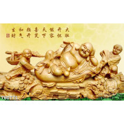 Tranh điêu khắc gỗ Phật Di Lặc và chú tiểu in uv 