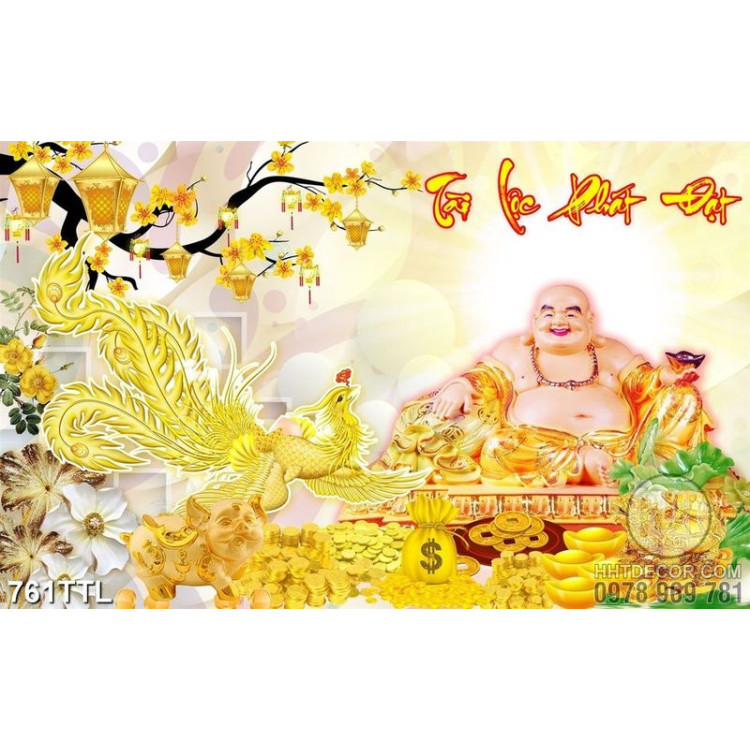 Tranh trang trí ngày tết Phật Di Lặc và hoa mai vàng 