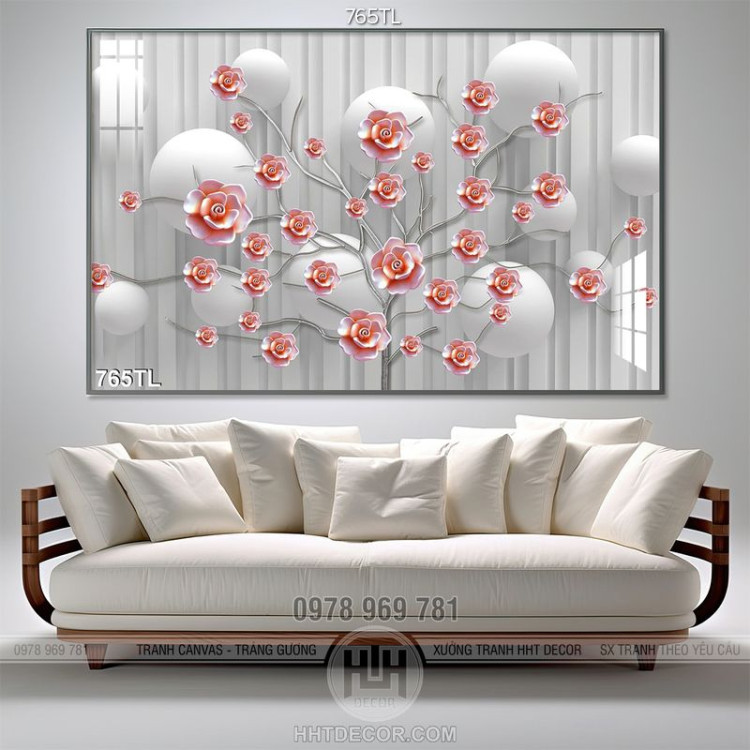 Tranh lụa 3D bình hoa hồng trang trí treo tường đẹp