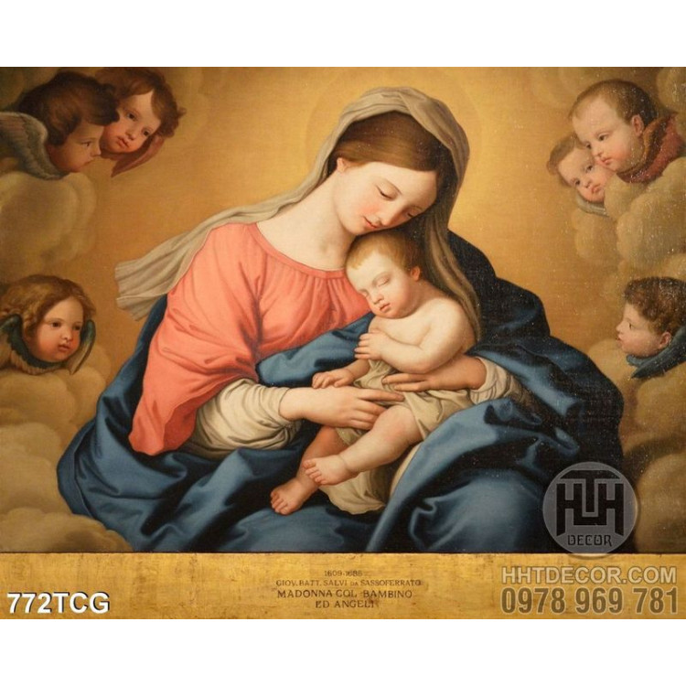 Tranh Mẹ Maria yêu thương Chúa hài nhi và các thiên thần