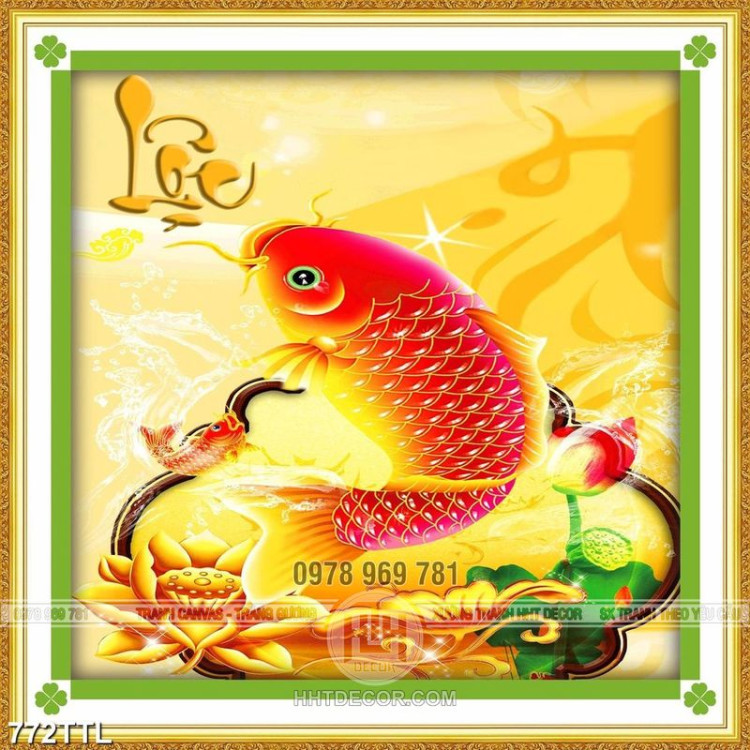 Tranh thư pháp chữ Lộc cá chép và hoa sen đẹp nhất 