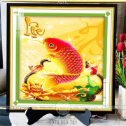 Tranh thư pháp chữ Lộc cá chép và hoa sen đẹp nhất 