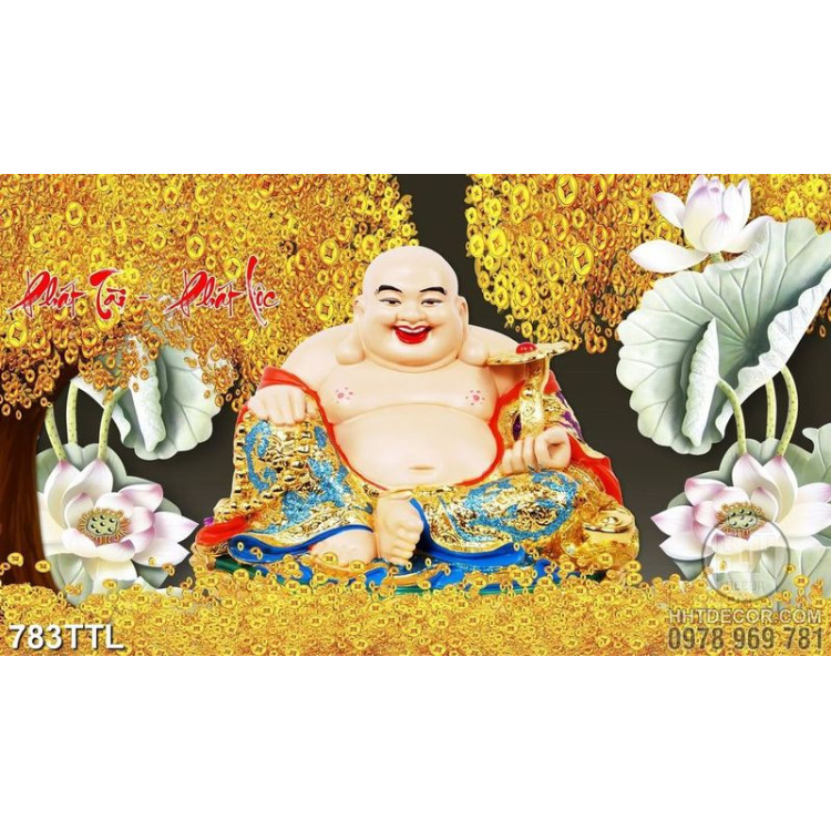 Tranh gắn tường Phật Di Lặc trên núi vàng và hoa sen phát tài phát lộc 