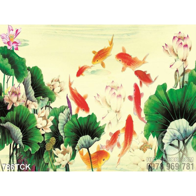 Tranh vẽ in uv hoa sen và cá chép đẹp ấn tường