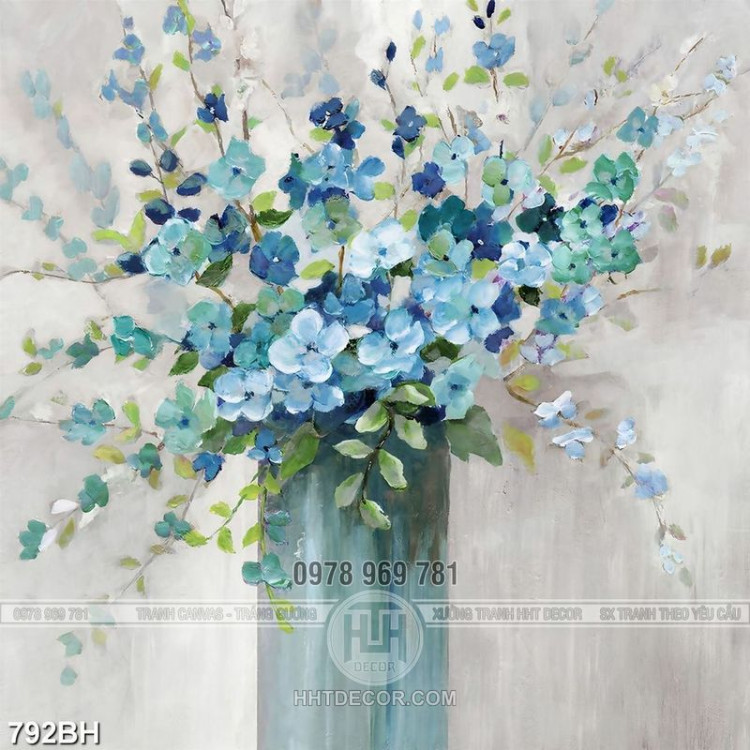 Tranh bình hoa in canvas những cành hoa nhí màu xanh lam