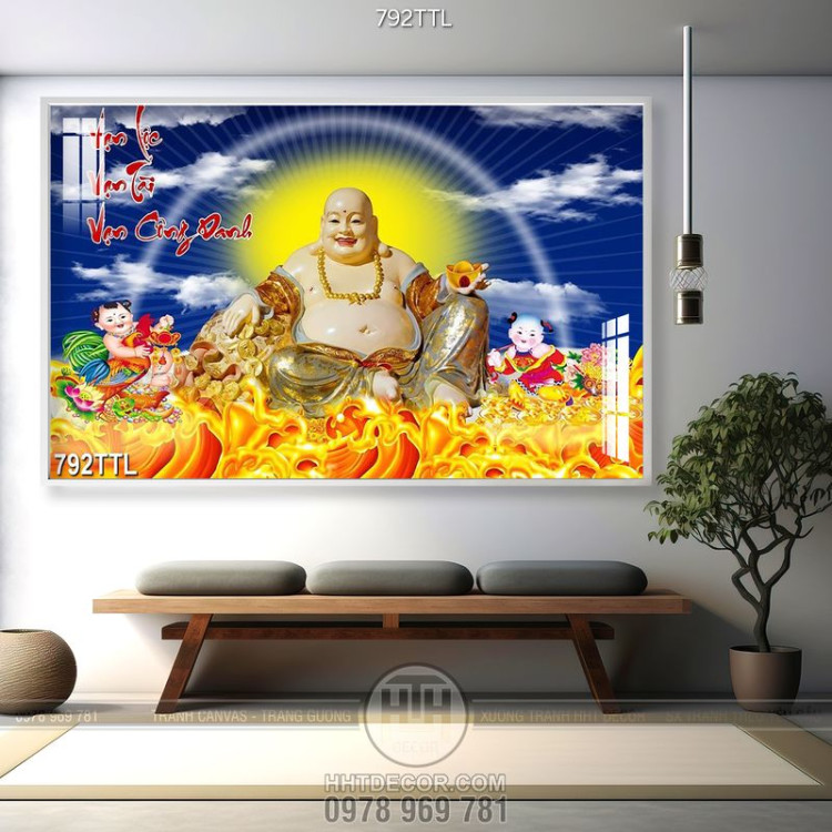 Tranh gắn tường Phật Di Lặc khổ ngang trang trí nội thất 