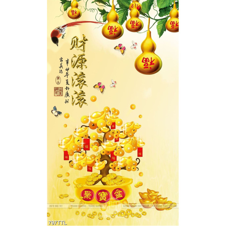 Tranh tài lộc quả bầu vàng trên cây tiền vàng khổ dọc trang trí nội thất 