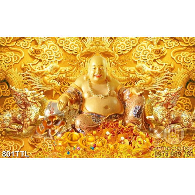 Tranh gắn tường Phật Di Lặc và nền song long dát vàng nghệ thuật file psd