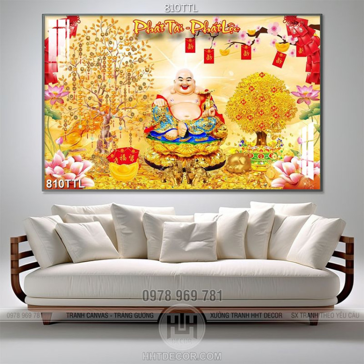 Tranh decor tường Phật Di Lặc trên núi vàng và hoa sen giả ngọc đẹp nhất in uv 