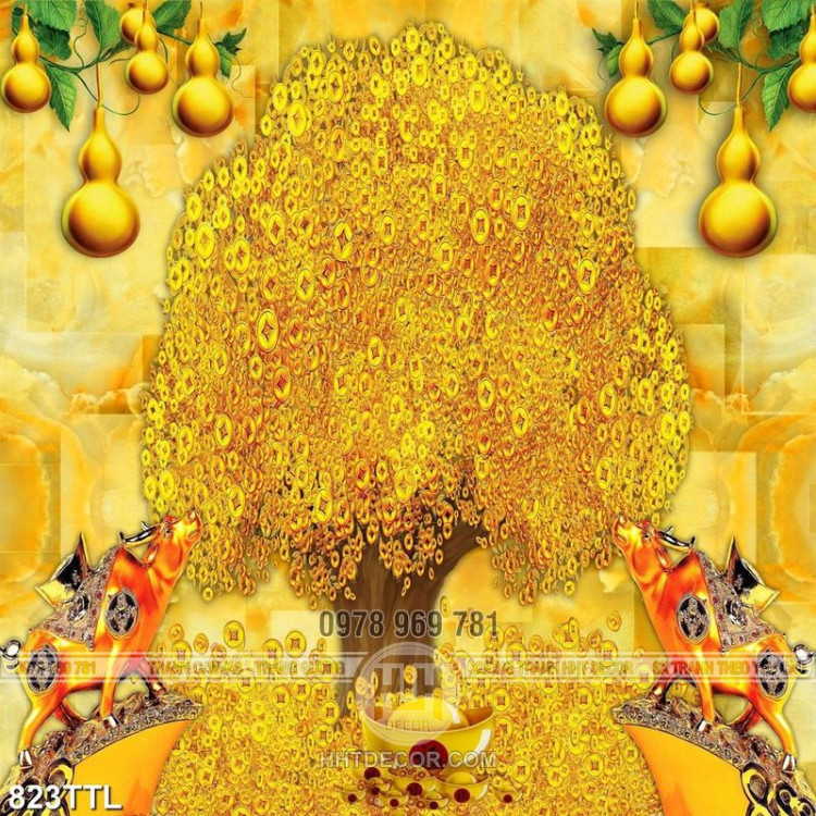 Tranh trang trí tường quả bầu vàng trên cây kim tiền chất lượng cao 