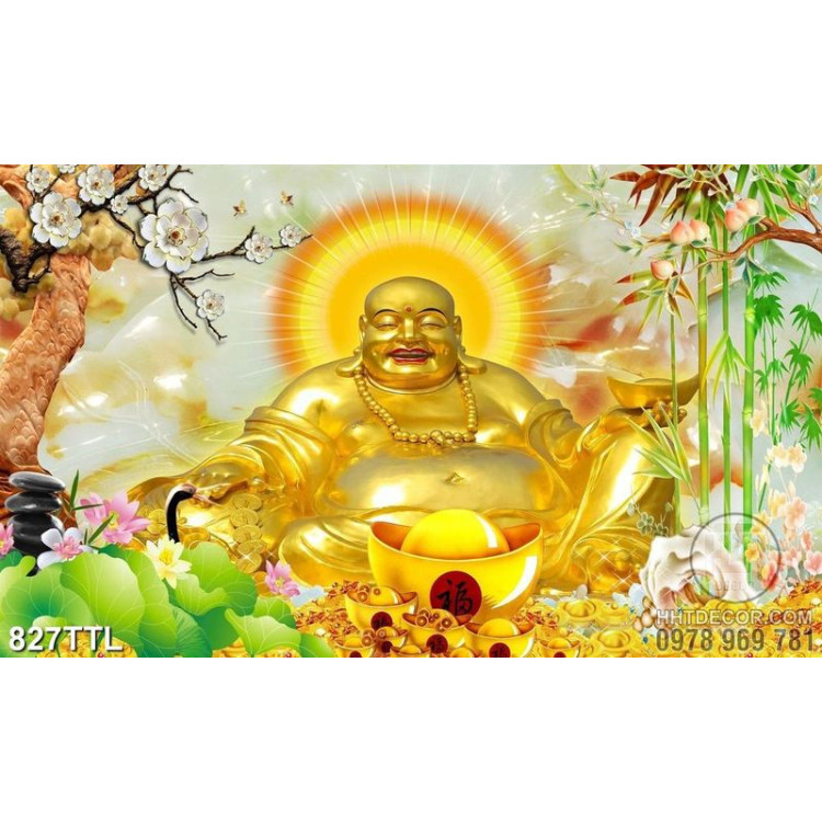 Tranh Phật Di Lặc và hoa sen trên nền giả ngọc  