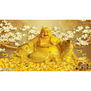 Tranh trang trí nội thất Phật Di Lặc và hoa mộc lan trên núi vàng in kính