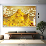 Tranh trang trí nội thất Phật Di Lặc và hoa mộc lan trên núi vàng in kính