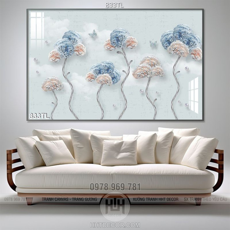Tranh lụa 3D hoa nghệ thuật hiện đại trang trí phòng khách