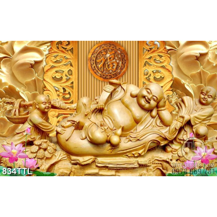 Tranh điêu khắc gỗ Phật Di Lặc và chú tiểu bên hoa sen in uv