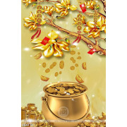 Tranh tài lộc trang trí nội thất hoa mộc lan trên hũ tiền vàng 