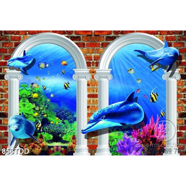 Tranh 3D đại dương và đàn cá heo trang trí tường đẹp
