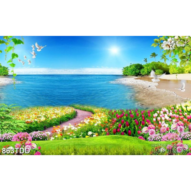 Tranh psd vườn hoa và biển trang trí đẹp