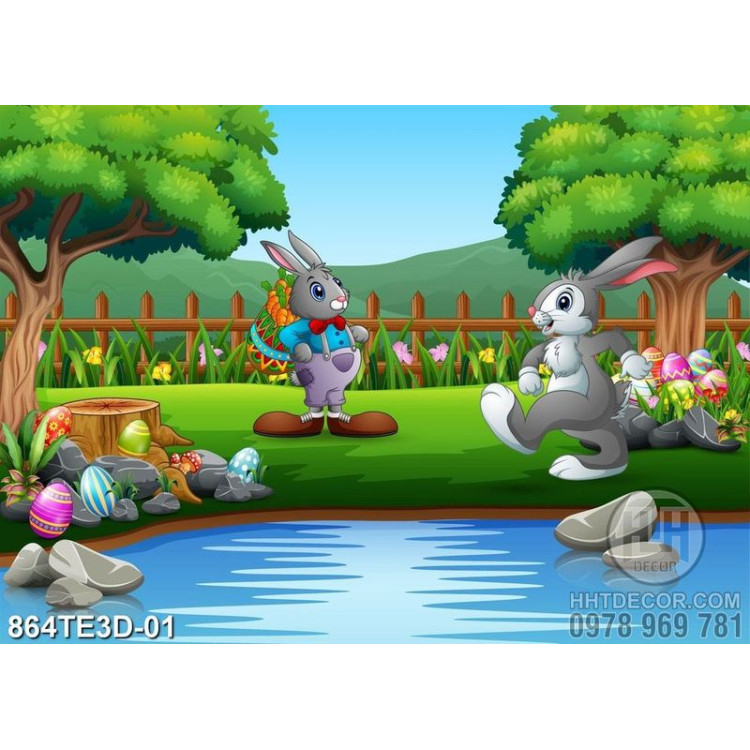 Tranh thỏ và khu vườn trang trí phòng bé đẹp file psd