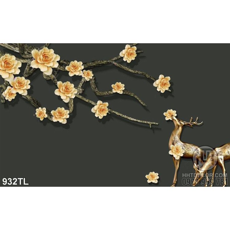 Tranh lụa 3D hươu nai và hoa đẹp độc lạ